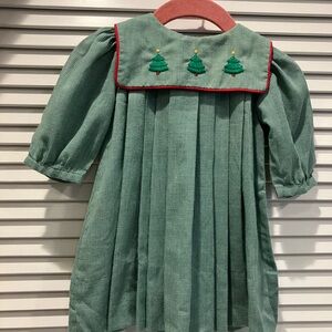 Green gingham smocked Christmas Holiday Dress with embroidered trees, fits 6M-2T